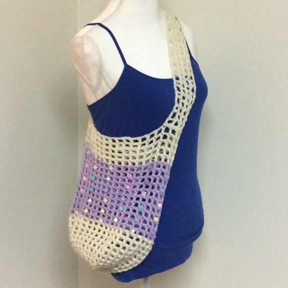 Hand Crafted Handbags - Purple & off white handmade beaded market tote